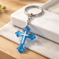 The Living Waters Cross – Scalloped Edge, Silver Key Chain
