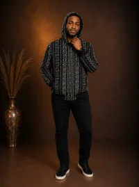 Black & White Tribal Print Padded Bomber Jacket Hoodie – Image 1