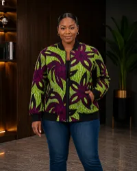 Purple & Green Leaf Print Bomber Jacket – Medium