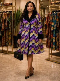 Luxury Ankara Coat Dress with Faux Fur Collar – 14