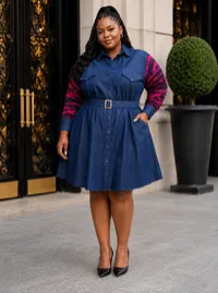 Plus Size Denim Shirt Dress with fuchsia Pink Sleeves & Waist Tie – XXL