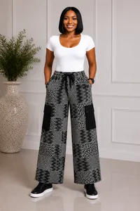 Black & Grey Patch Print Adult Cargo Trousers – 10