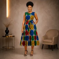 JAJEX Apparel Multicolour Ankara Sleeveless Midi Dress with Waist Tie – Image 1