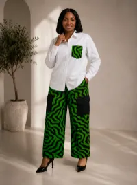 White & Green Wave Print Two-Piece Set – 12