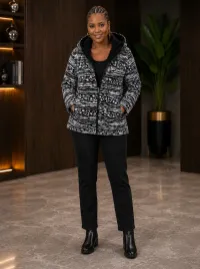 Unisex Black & White Ankara Fur-Lined Hooded Jacket – L