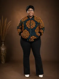 Teal & Brown Floral Padded Bomber Jacket – Image 1