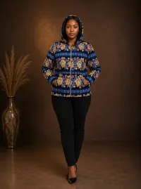Blue & Yellow Floral Print African Hoodie – Image 1