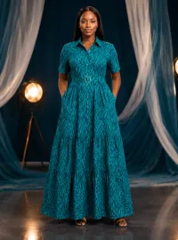 Teal All-Over Leaf Print Long Dress – 18