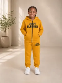Kids mustard yellow "Just Blessed" hoodie and jogger set – Image 1