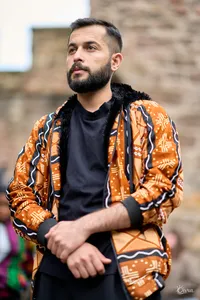 Geometric Print Bomber Jacket (Teal & Rust) – Image 1