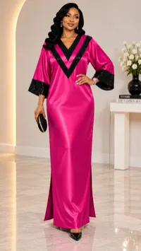 Elara Sequin Trim Satin Kaftan Maxi Dress – Fushia pink