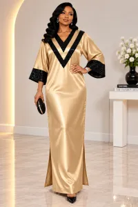 Elara Sequin Trim Satin Kaftan Maxi Dress – Champagne Gold