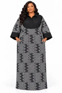 Nia African Print Bubu Kaftan Maxi Dress One Size – White and Black zigzag designs