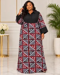 Nia African Print Bubu Kaftan Maxi Dress One Size – Wine Geometric Design