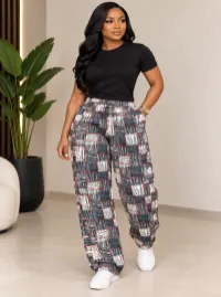 Jajex Abstract Grid Print Wide-Leg Trousers Black, Grey & Red – Image 1