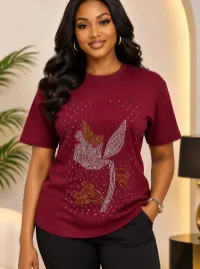 Blooming Elegance Rhinestone Burgundy T-Shirt – Image 1