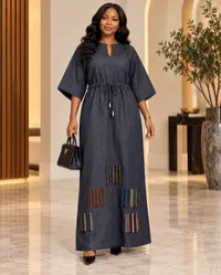 Amari Dark Grey Denim & Aso-Oke Patch Dress – 12