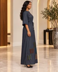Amari Dark Grey Denim & Aso-Oke Patch Dress – Image 3