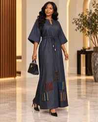 Amari Dark Grey Denim & Aso-Oke Patch Dress – Image 2