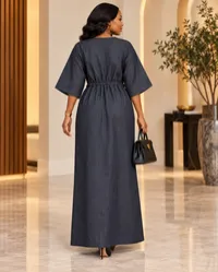 Amari Dark Grey Denim & Aso-Oke Patch Dress – Image 4