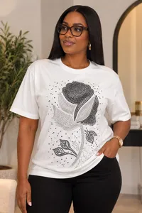 Jajex Rose Bloom Rhinestone Embellished White T-Shirt – Image 2