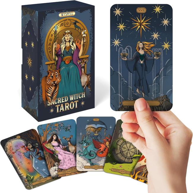 Sacred Witch Tarot Deck with Guide Book - 400GSM Matte Cardstock, Gold Foil-Embossed Box, 200-Page Tarot Book – Image 4