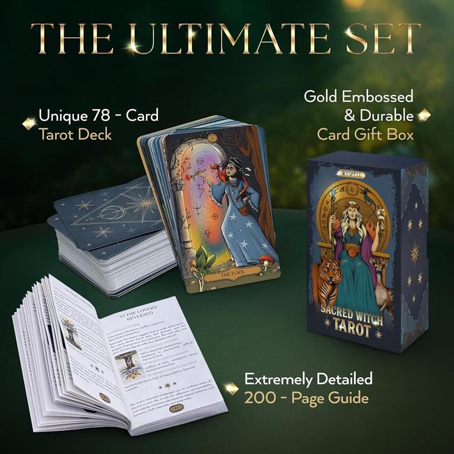Sacred Witch Tarot Deck with Guide Book - 400GSM Matte Cardstock, Gold Foil-Embossed Box, 200-Page Tarot Book – Image 2