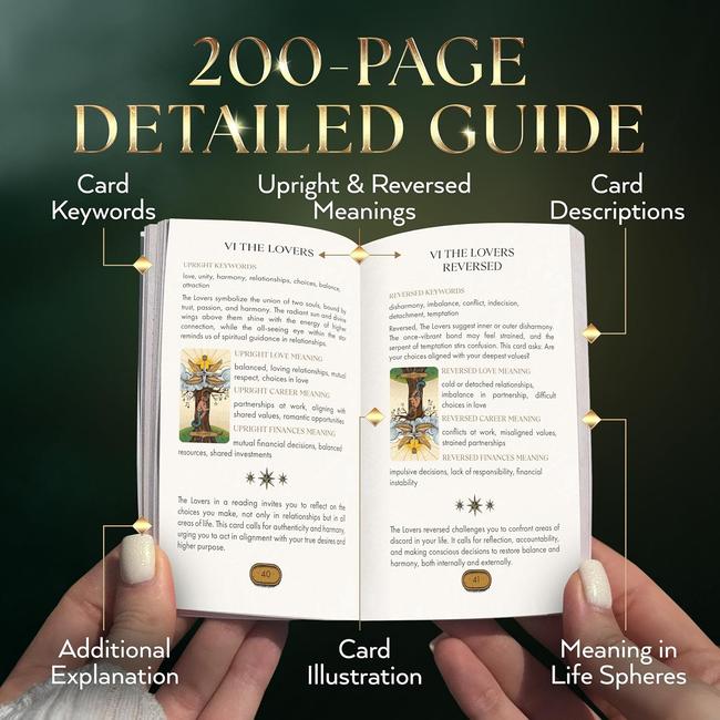 Sacred Witch Tarot Deck with Guide Book - 400GSM Matte Cardstock, Gold Foil-Embossed Box, 200-Page Tarot Book – Image 6