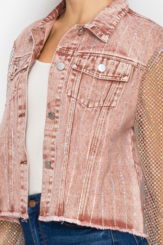 Denim Rhinestone Jacket with Sheer Sleeves – Small, Raspeberry