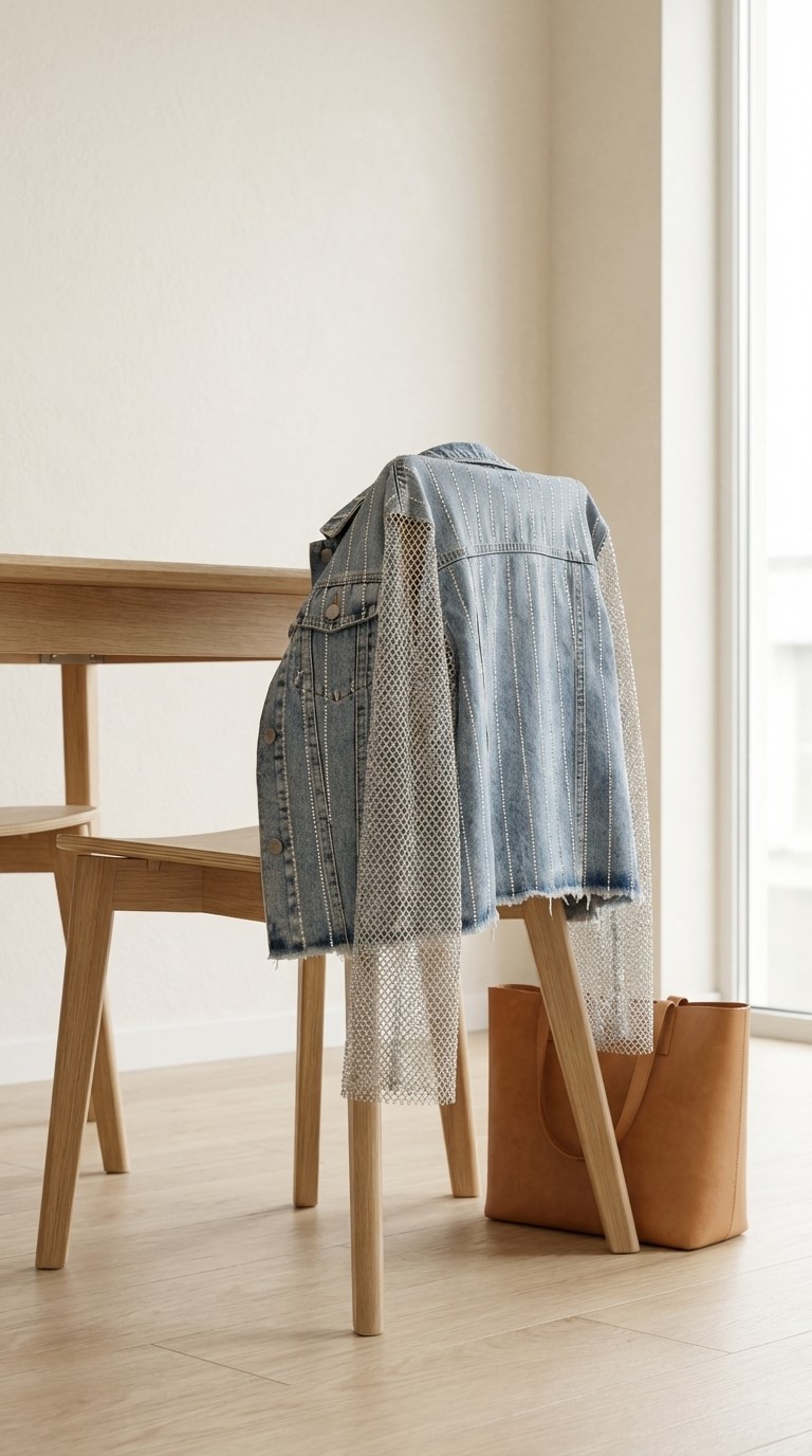 Denim Rhinestone Jacket with Sheer Sleeves – Image 9