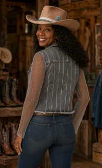 Denim Rhinestone Jacket with Sheer Sleeves – Image 4