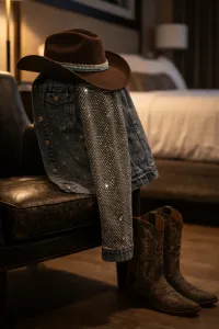 Denim Rhinestone Jacket with Sheer Sleeves – Image 6