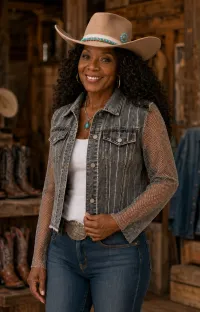 Denim Rhinestone Jacket with Sheer Sleeves – Small, Charcoal Black