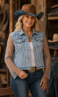 Denim Rhinestone Jacket with Sheer Sleeves – Small, Light Blue Denim