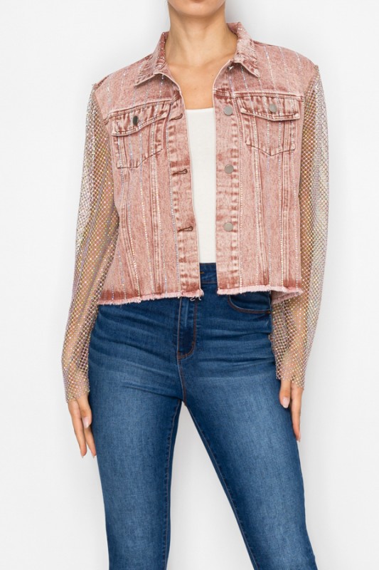 Denim Rhinestone Jacket with Sheer Sleeves – Image 7