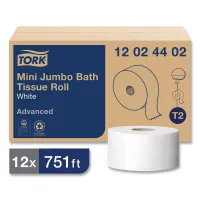Tork Advanced Mini Jumbo Roll Bath Tissue, Septic Safe, 2-Ply, White, 3.48" x 751 ft, 12 Rolls/Carton  – Image 1