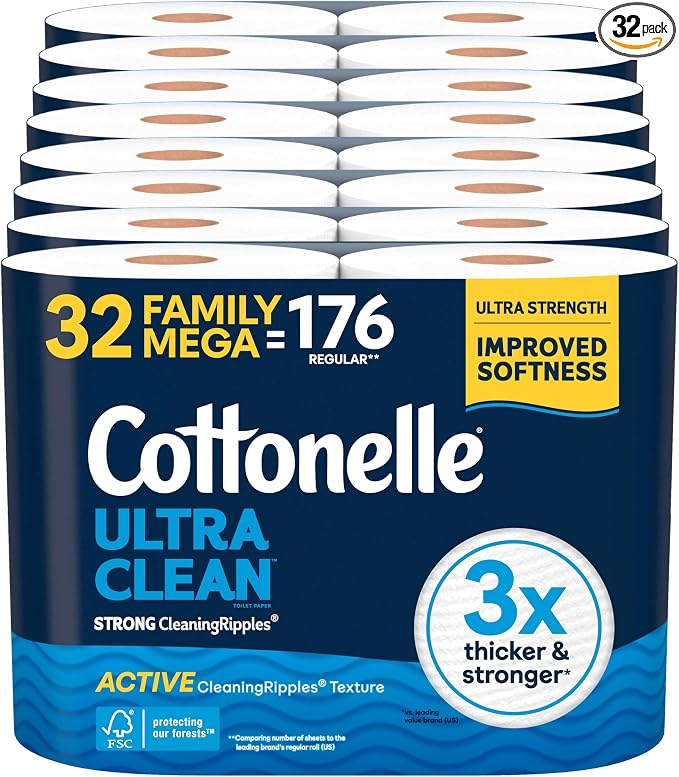 Cottonelle Ultra Clean Toilet Paper with Active CleaningRipples Texture, Strong Bath Tissue, 32 Family Mega Rolls – Image 1