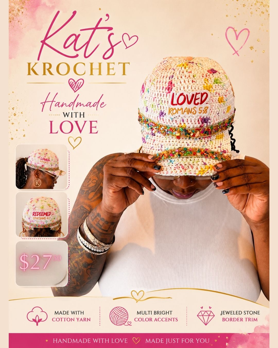 “Loved • Redeemed • Chosen” Crochet Baseball Hat & Matching Fan Earrings Set ✨ – Image 3