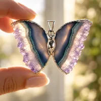 Butterfly in Flight - Necklace on. Adjustable Chain Silver Electroform – Image 3