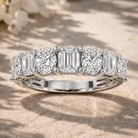 7-Stone Oval & Emerald Diamond Wedding Band (White Gold) – Image 1