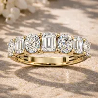 7-Stone Oval & Emerald Diamond Wedding Band (Yellow Gold) – Image 1