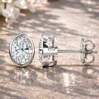Oval Bezel Diamond Stud Earrings (White Gold) – Image 1