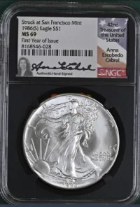 1986-S Silver Eagle Anna Cabral Signed • Certified MS69 – Image 1