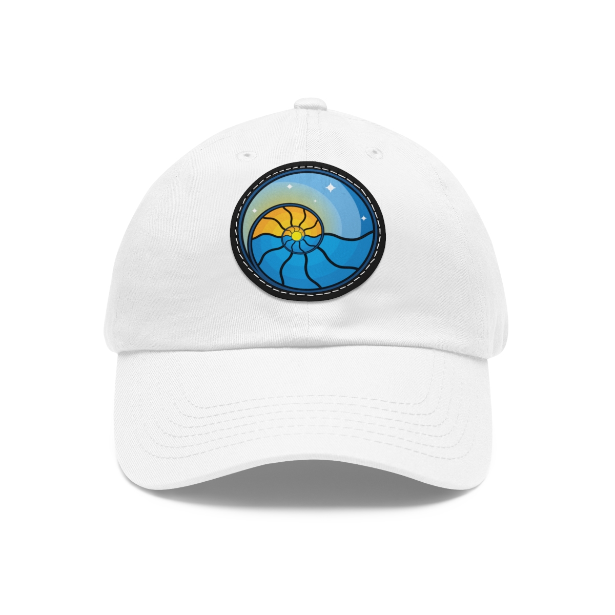 Dad Hat with Leather Patch (Round) – White / Black patch, Circle, One size