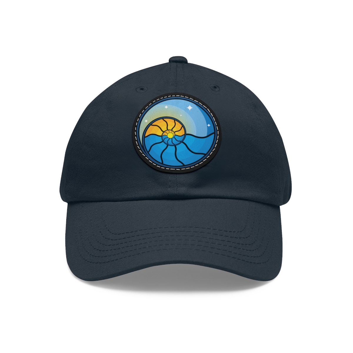 Dad Hat with Leather Patch (Round) – Navy / Black patch, Circle, One size
