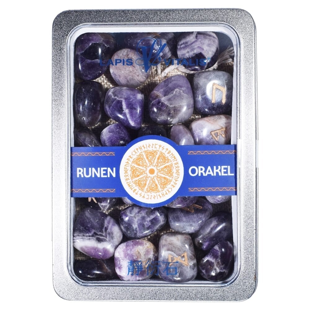 Runenorakel-Set aus Amethyst, Bergkristall, Hämatit oder Rosenquarz – Amethyst