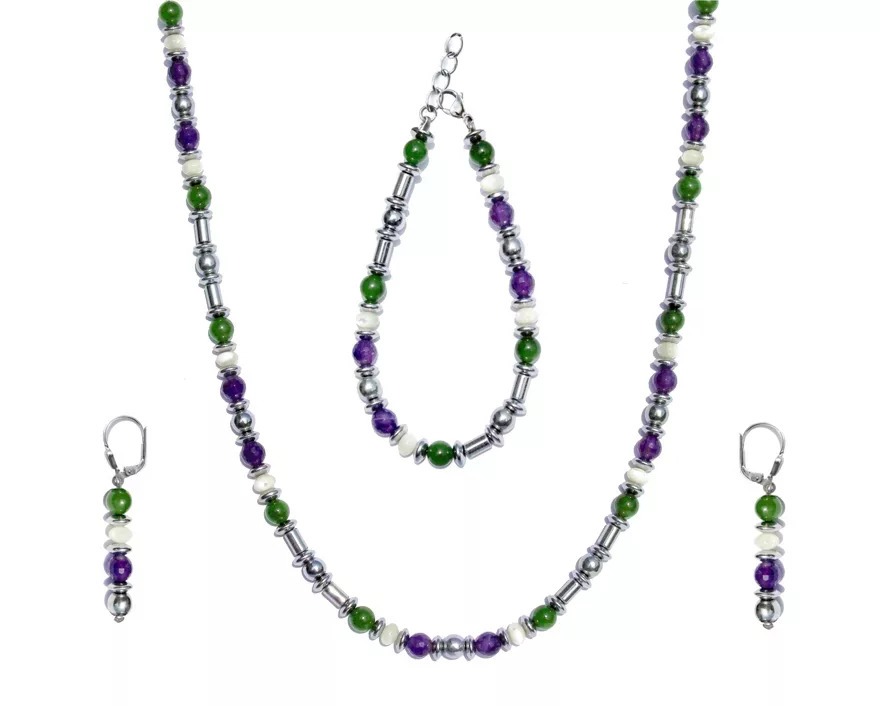GEM MIX LINE: Armband, Collier & Ohrringe – Amethyst, Jade, Perlmutt, Set