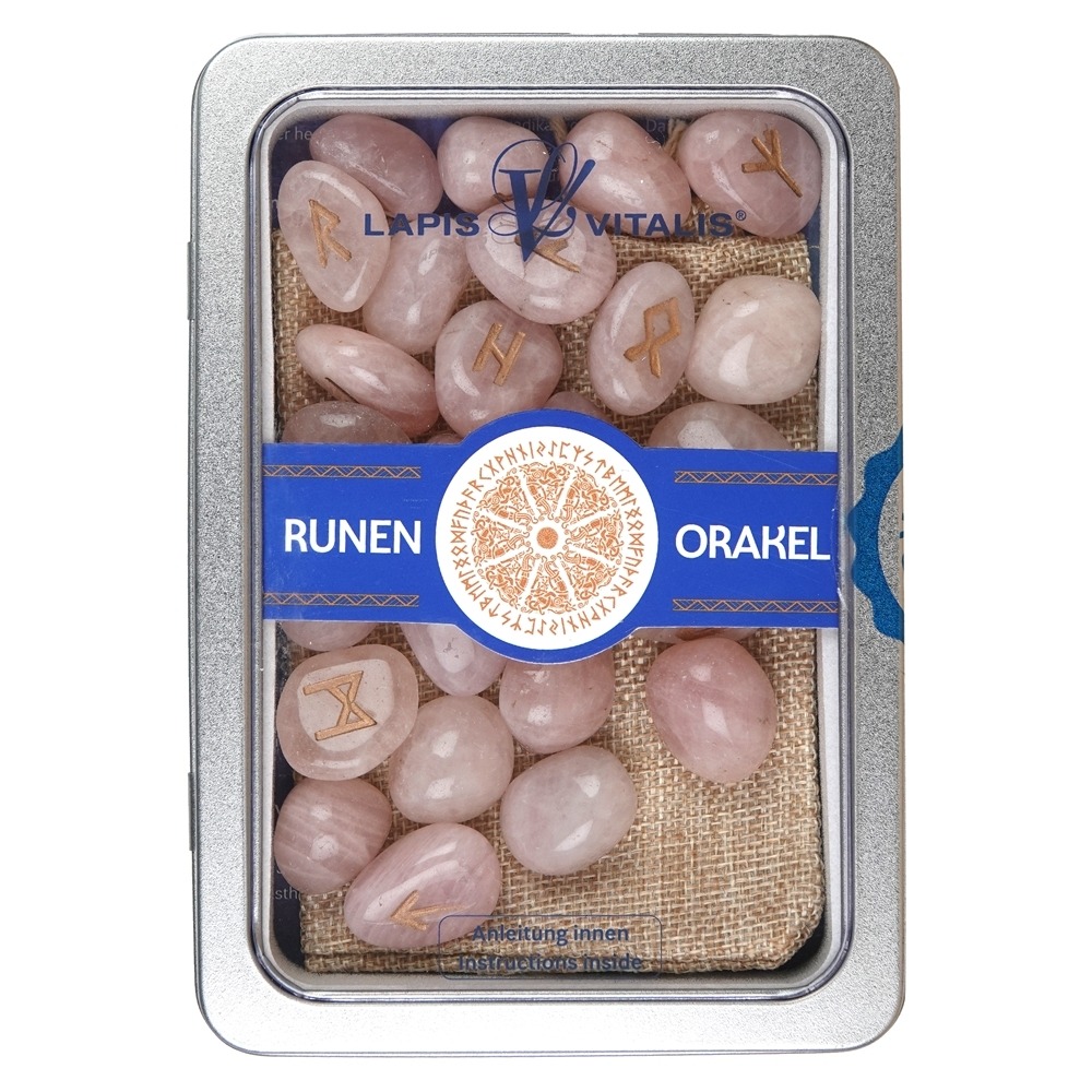 Runenorakel-Set aus Amethyst, Bergkristall, Hämatit oder Rosenquarz – Rosenquarz