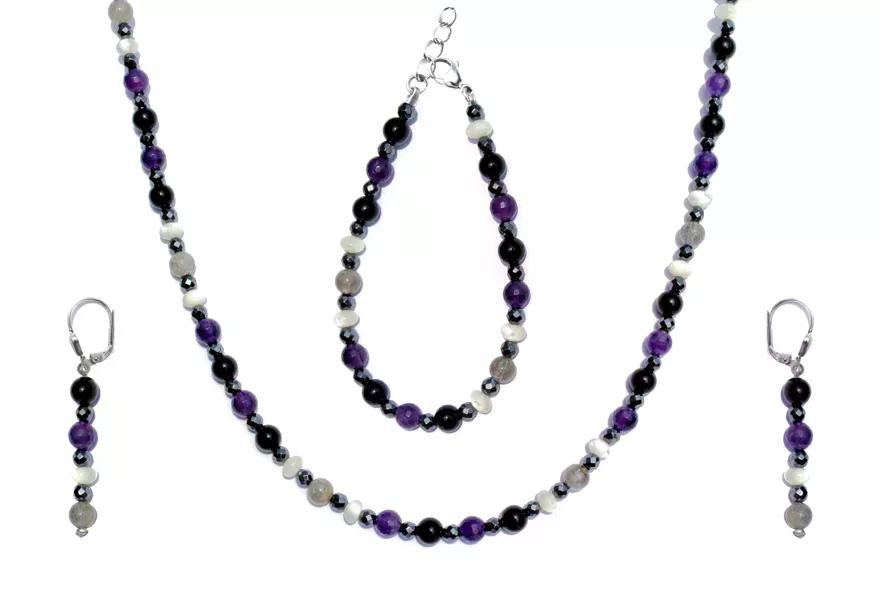 GEM MIX LINE: Armband, Collier & Ohrringe – Amethyst, Onyx, Labradorit, Set
