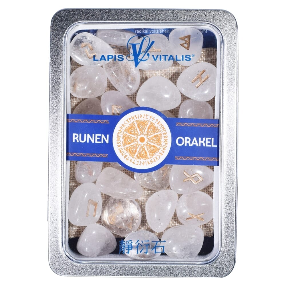 Runenorakel-Set aus Amethyst, Bergkristall, Hämatit oder Rosenquarz – Bergkristall